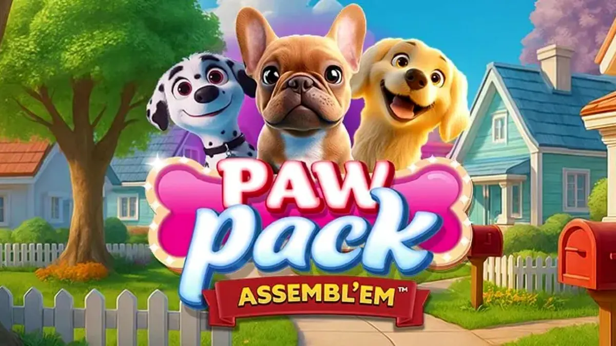 Tampilan visual slot Paw Pack Assembl’Em dengan karakter anjing kartun