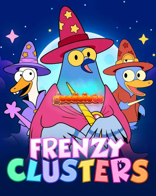 Tampilan antarmuka slot Frenzy Clusters dengan karakter kartun dan grid 7x7