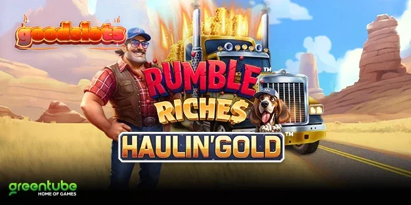 Tampilan visual slot Rumble Riches Haulin Gold dengan tema truk dan emas